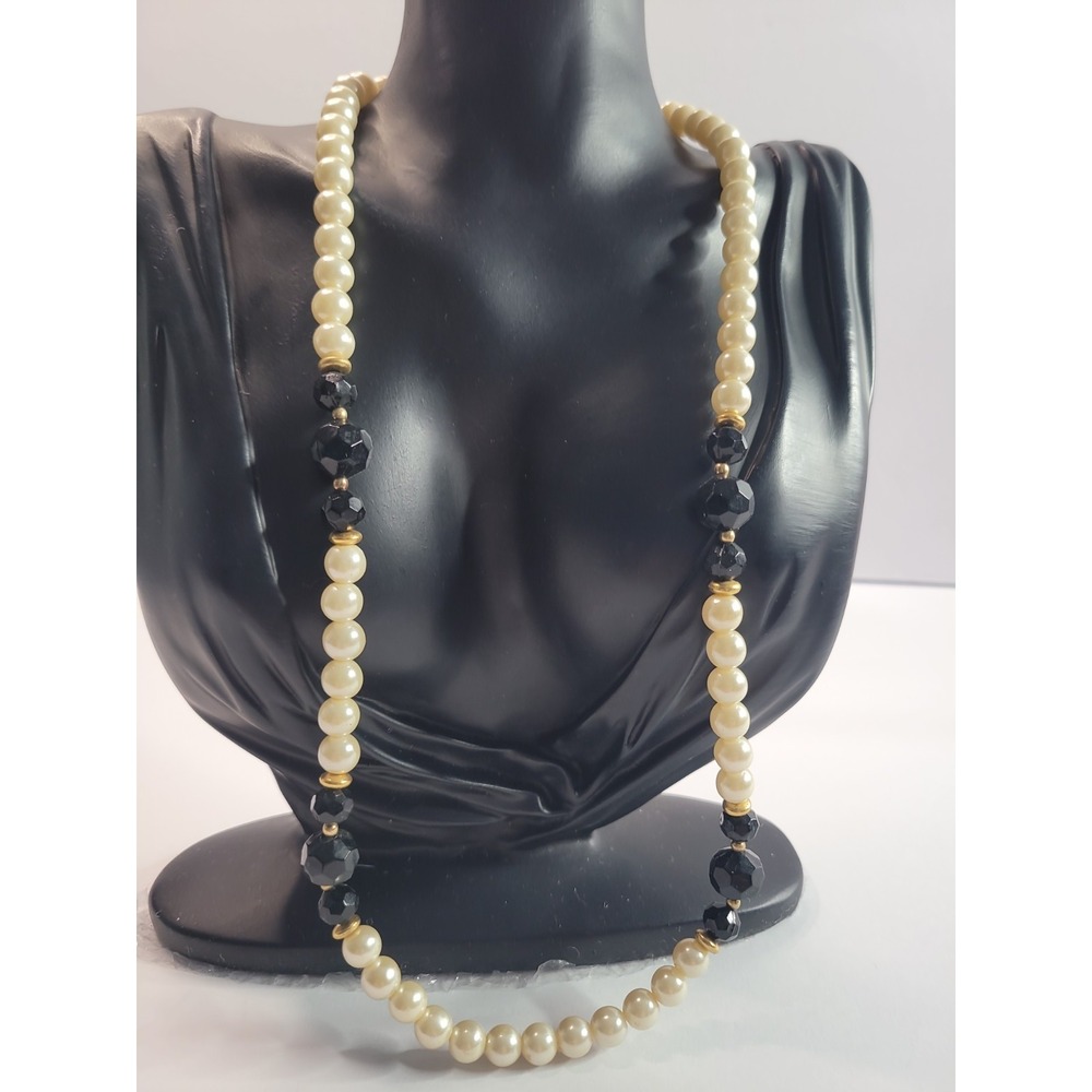 Long Cream Black Gold Tone Beaded Necklace Faceted Statement Jewelry